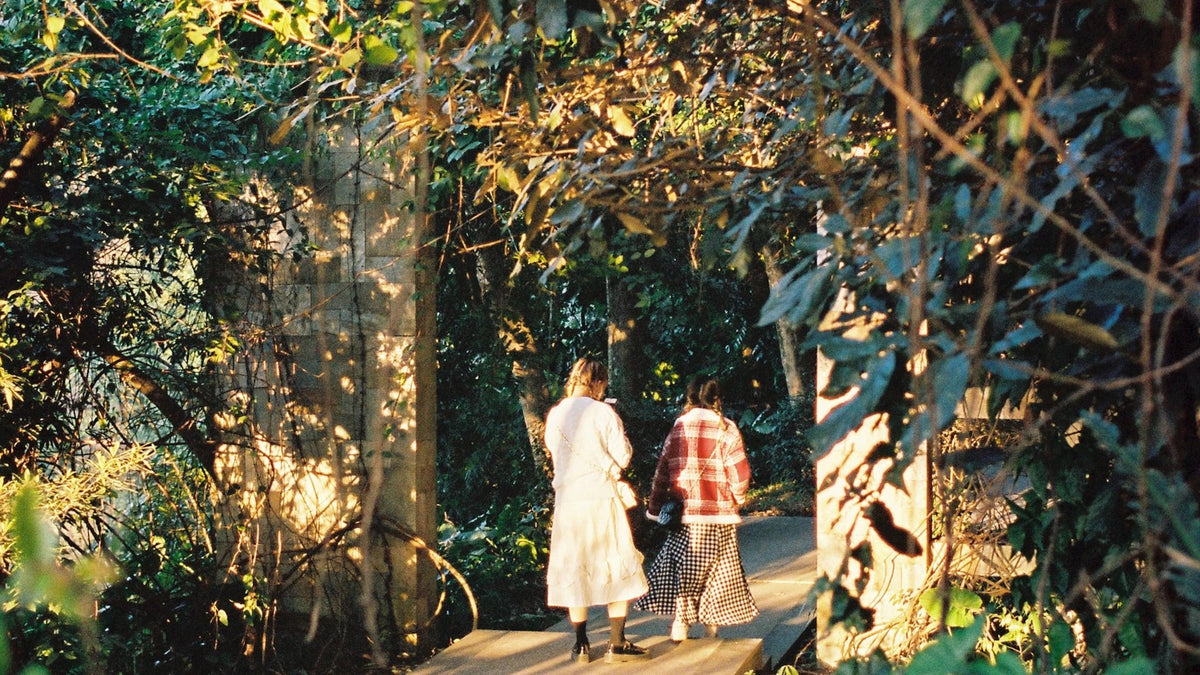 Two adult women seen from behind on a sunlit woodland path.