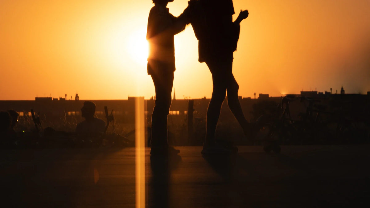 Adult companions silhouetted while dancing outdoors at sunset.