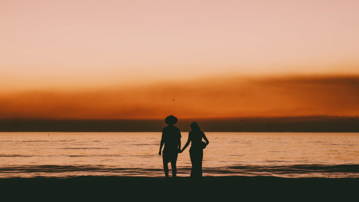Two adults holding hands in silhouette by the sea at sunset.