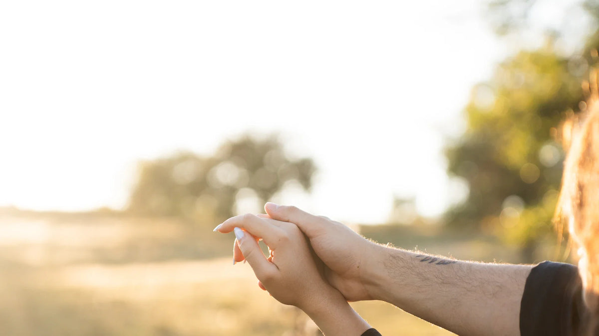 Two people holding hands in warm outdoor sunlight.