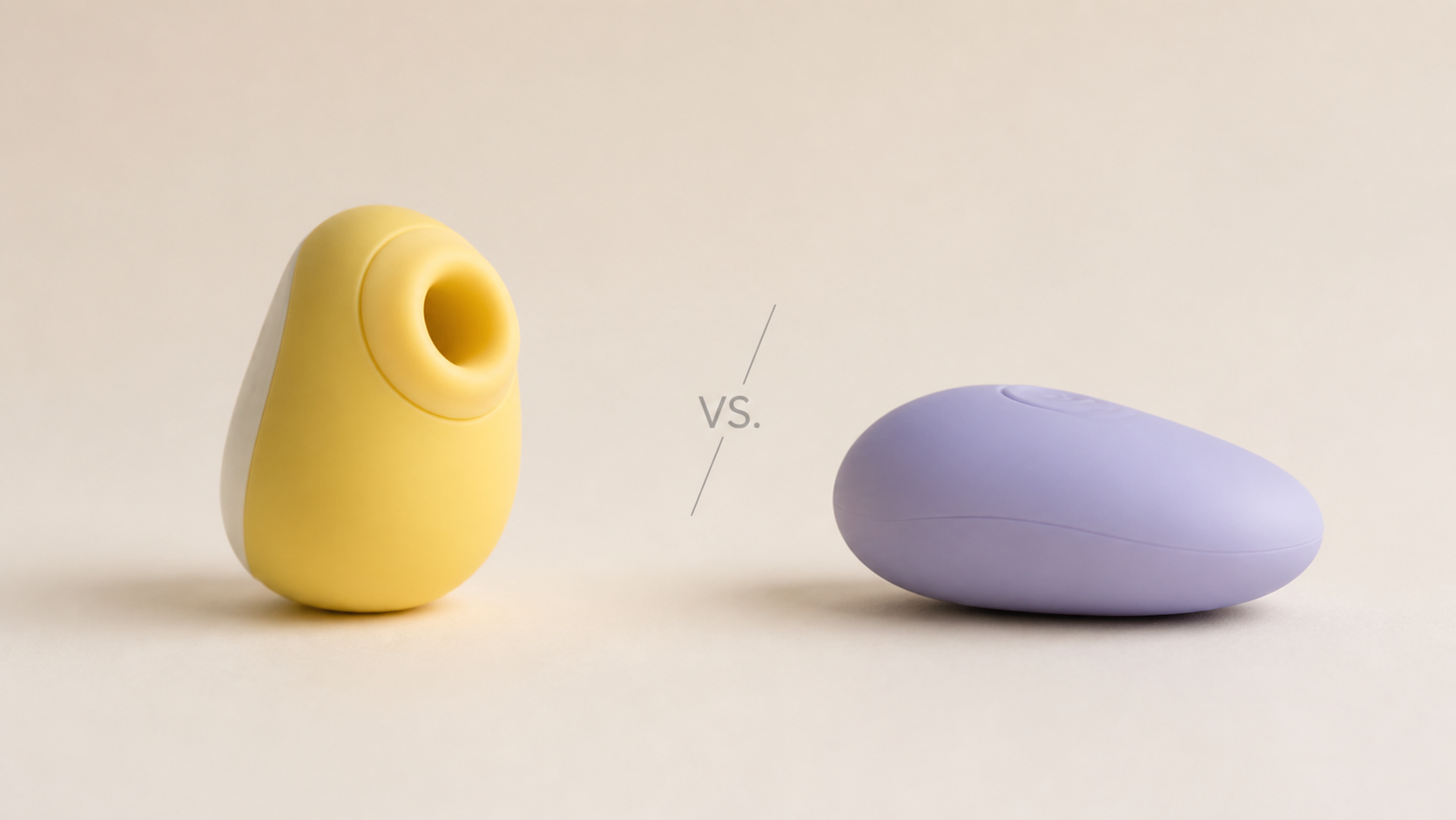 Unbranded yellow air-pulse device and lavender vibration device arranged as an external-stimulator comparison.