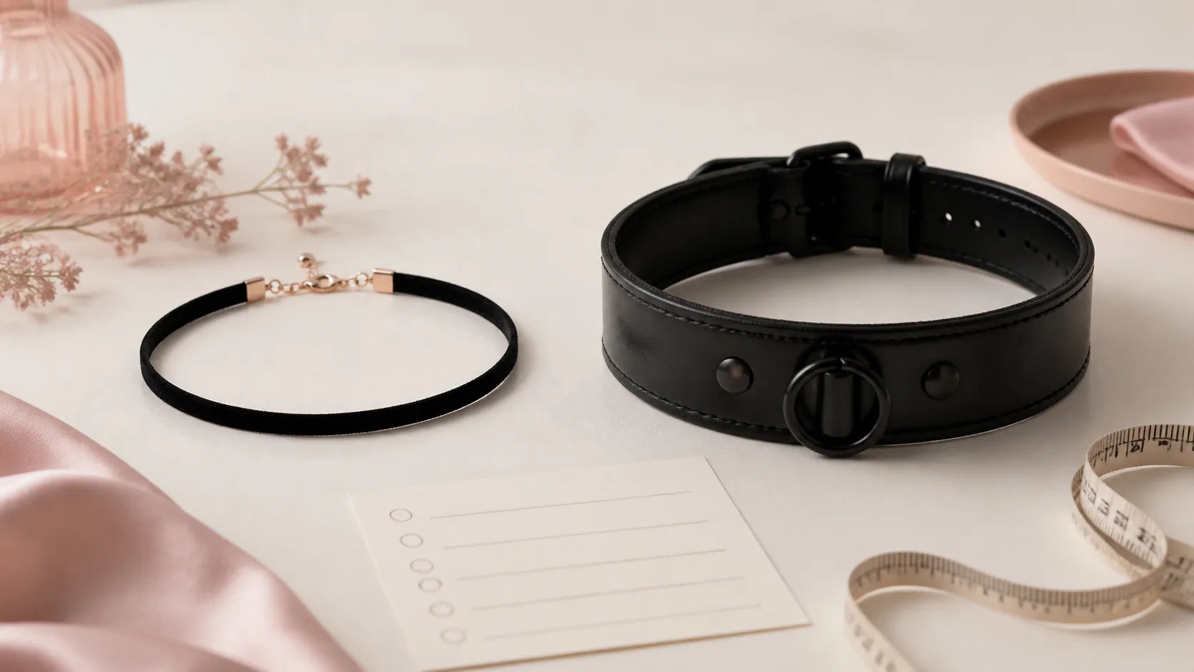 Slim black fashion choker beside a wider adjustable black adult collar, loose measuring tape and blank checklist on a neutral surface