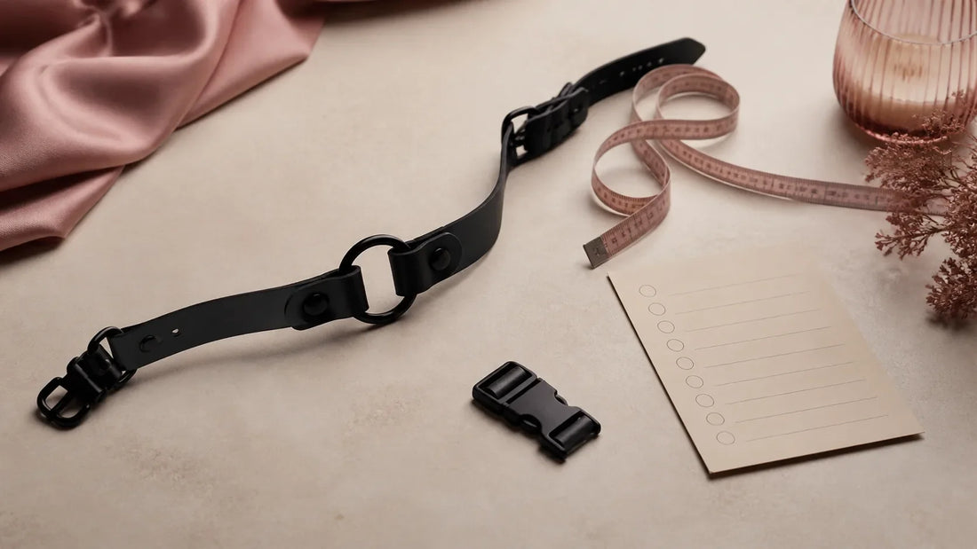Open black adult fashion collar beside a loose measuring tape, release buckle and blank safety checklist
