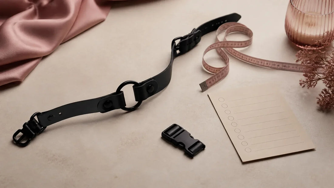 Open black adult fashion collar beside a loose measuring tape, release buckle and blank safety checklist