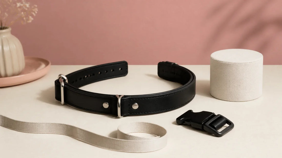Adjustable black adult fashion collar displayed open beside an unmarked measuring tape and removable buckle