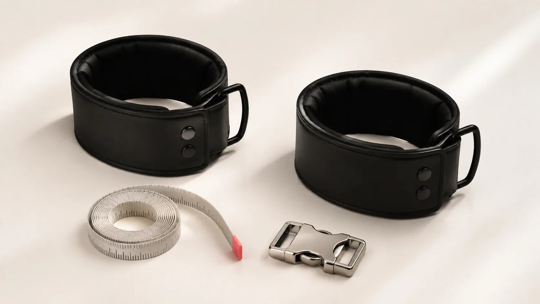 Two open black padded adult cuffs beside a measuring tape and a quick-release clasp on a warm ivory surface.