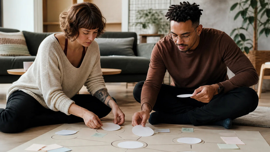 Two fully clothed adults mapping blank relationship layers together on a floor diagram