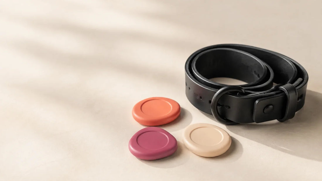 Black adult accessory strap beside coral, magenta and ivory communication tokens on a warm ivory surface.