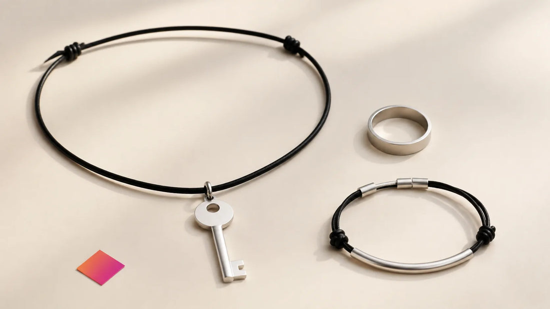 Silver key pendant, black choker-style necklace, ring and bracelet on a warm ivory surface.