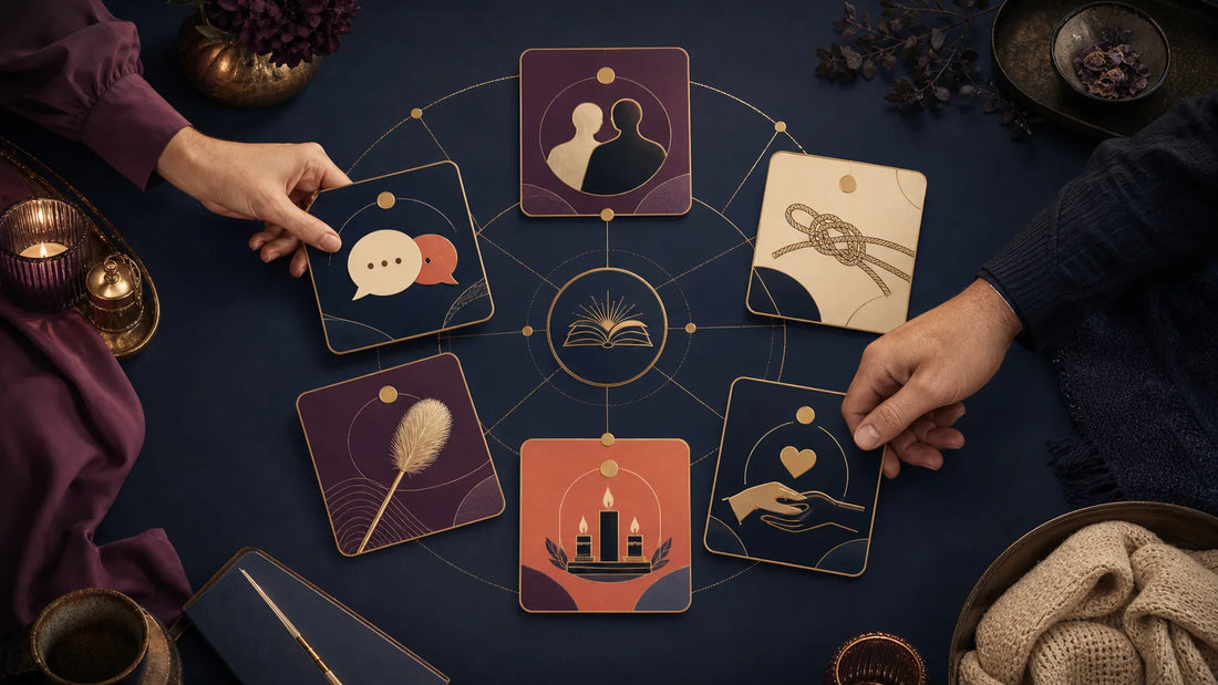 Editorial map of connected BDSM topic cards for roles, communication, sensation and symbolism