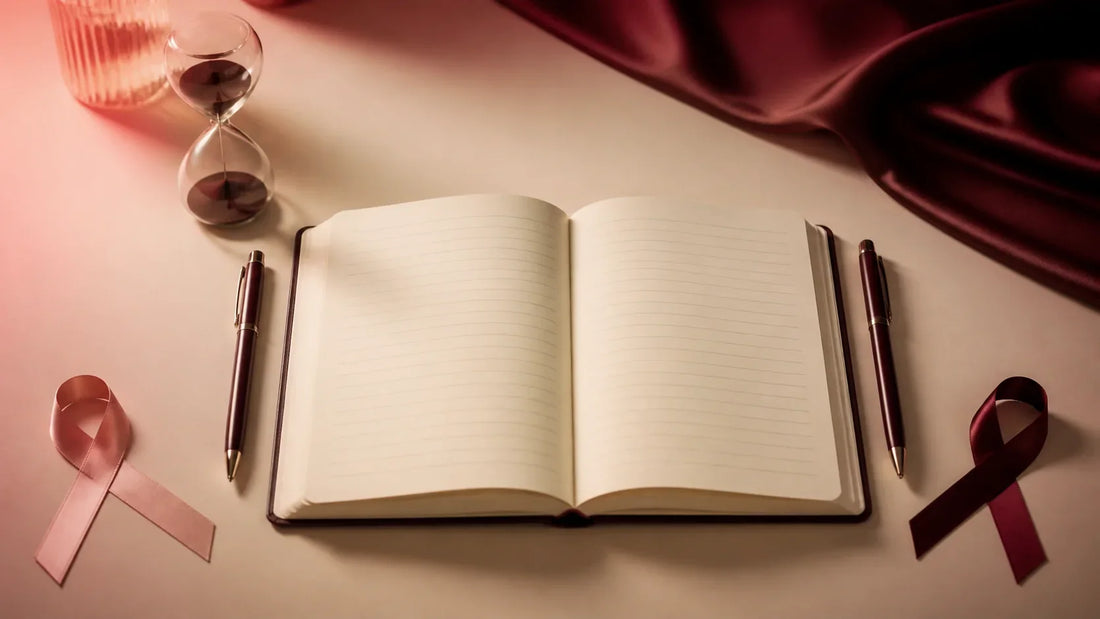An open blank notebook, matching pens, an hourglass and two separate ribbon loops on a warm desk