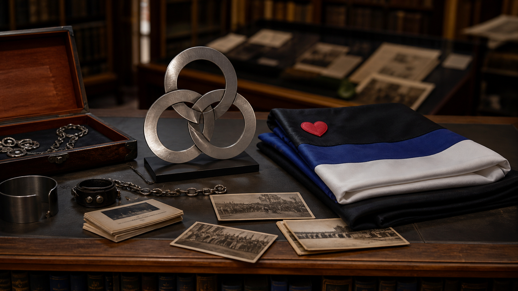 Museum-style table with abstract metallic community symbol, archival photographs and folded leather-pride colors