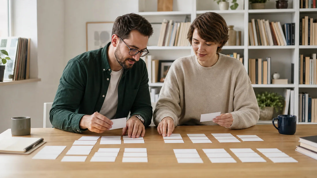 Two fully clothed adults organizing blank glossary cards into categories at a study table
