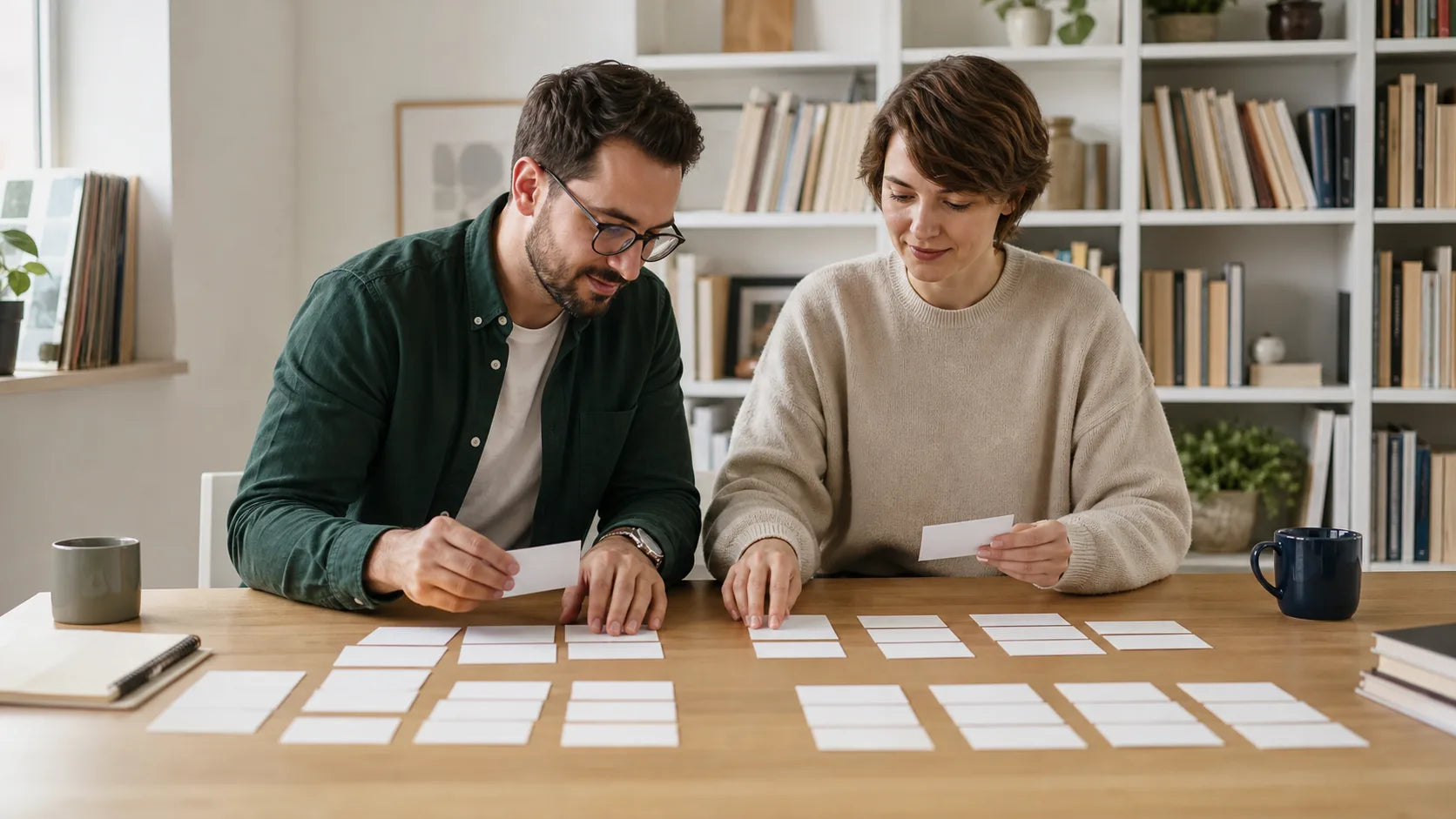Two fully clothed adults organizing blank glossary cards into categories at a study table