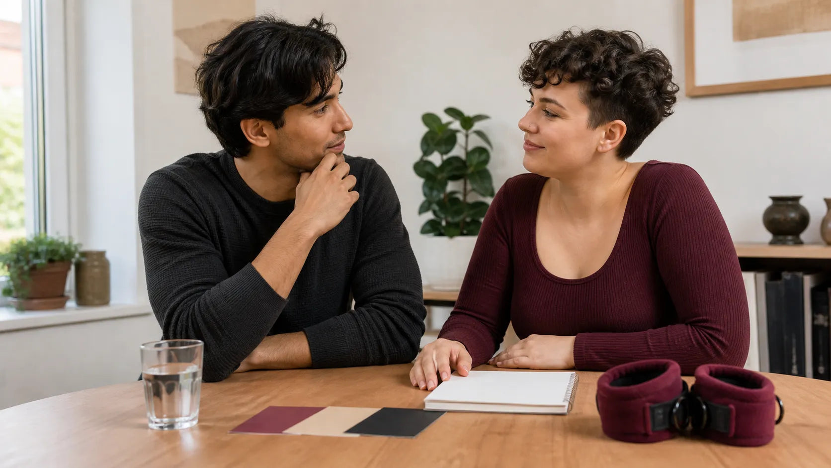 Two fully clothed adults discussing a plan beside a blank notebook, boundary cards and soft cuffs