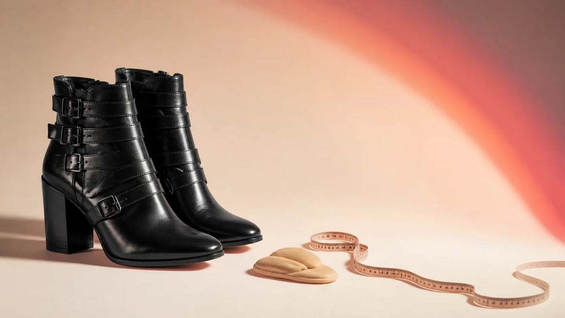Pair of black high-heeled ankle boots beside a measuring tape and cushioned inserts on a warm neutral surface