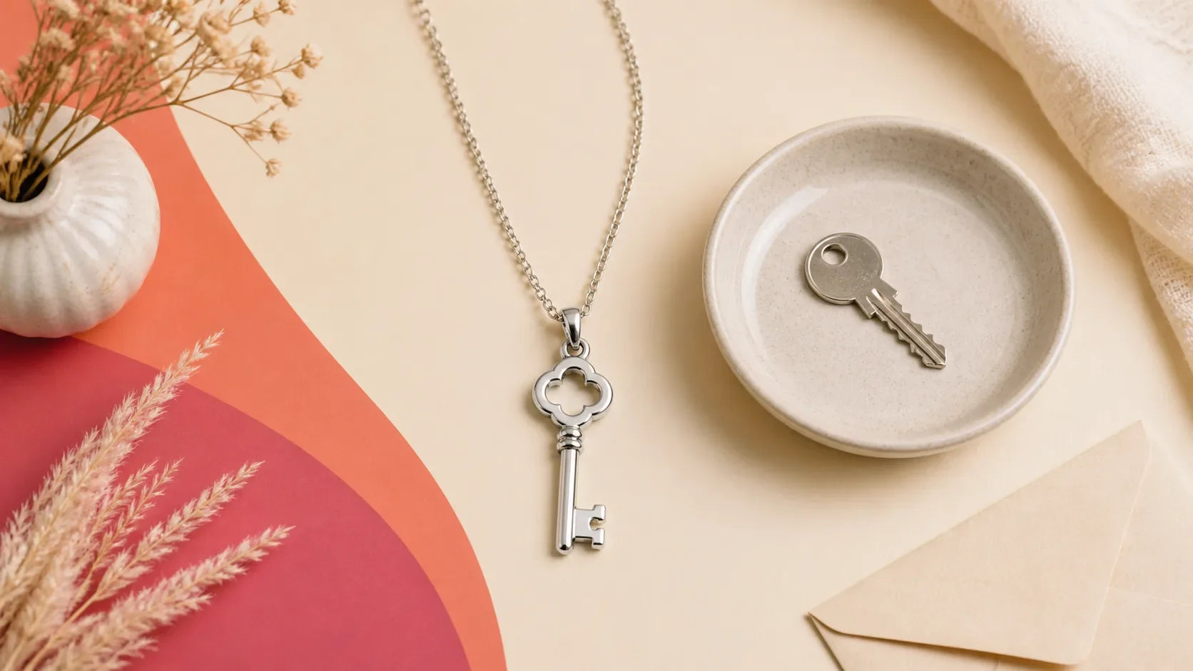 Silver-tone key pendant necklace beside a separate backup key in a neutral dish on a warm ivory surface