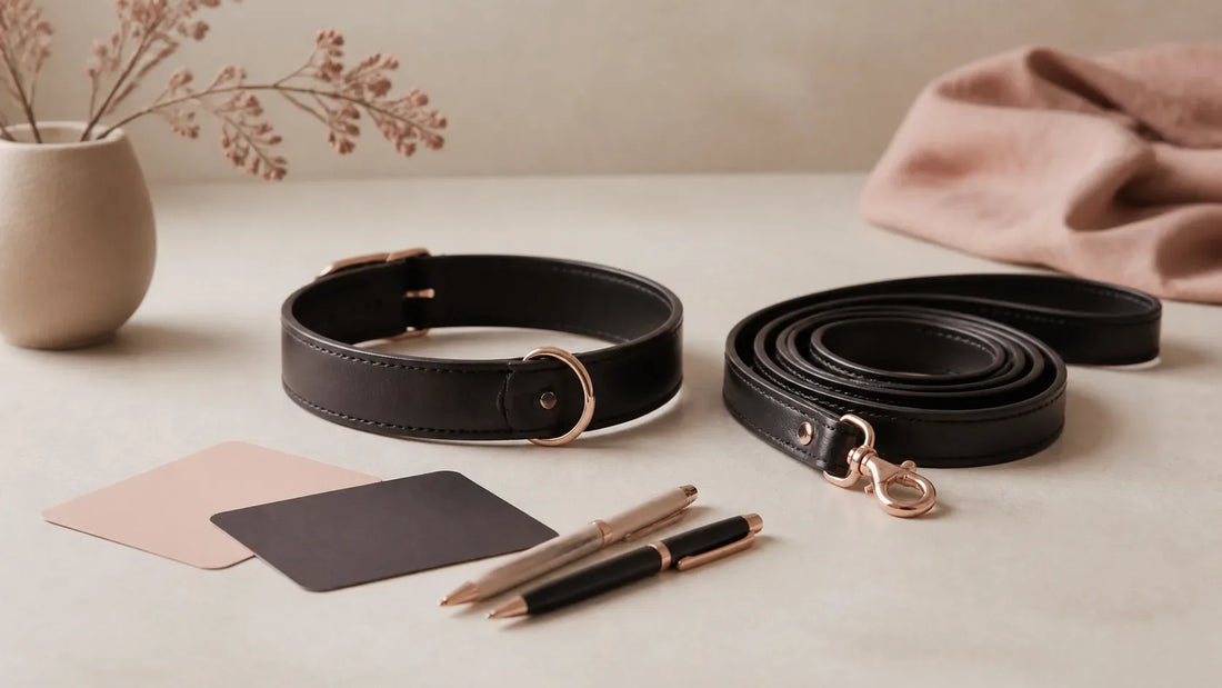 Open black adult fashion collar and coiled leash beside two blank boundary cards and pens on a neutral studio surface