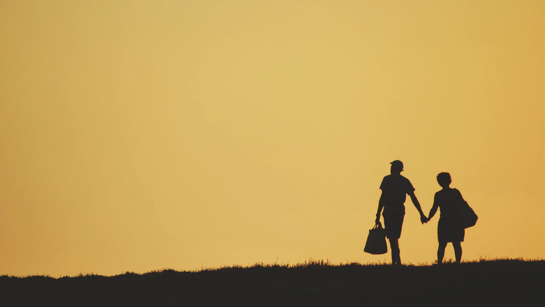 Adult companions silhouetted in an outdoor landscape.
