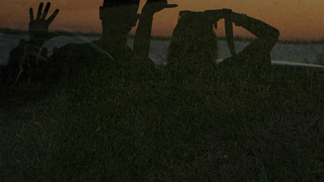 Adult companions silhouetted together outdoors.