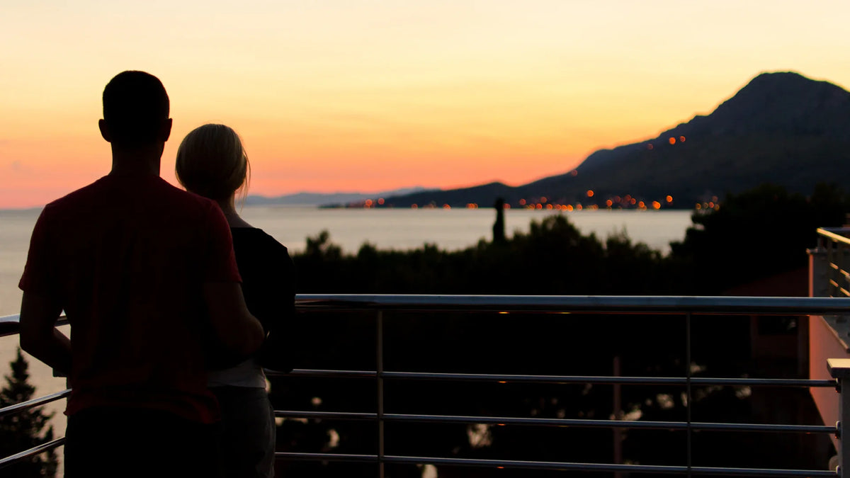 Adult companions silhouetted outdoors.
