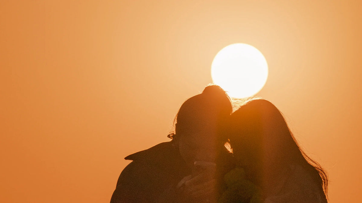 Adult companions silhouetted against the evening sky.