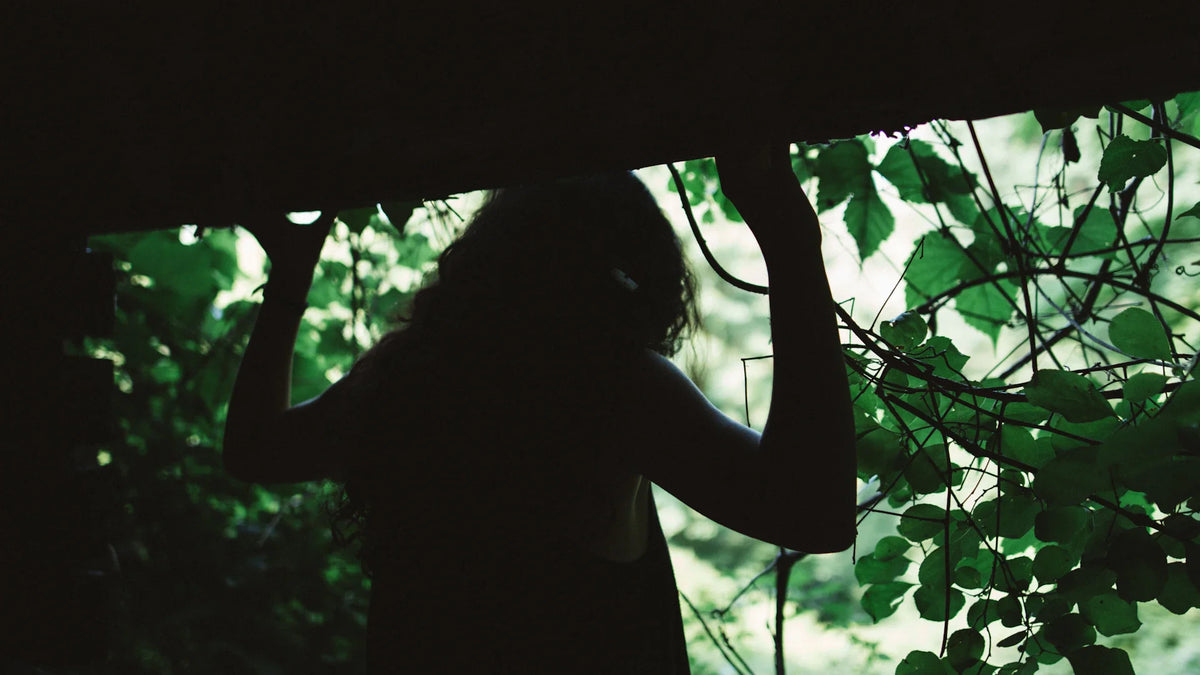 An adult woman silhouetted in an outdoor landscape.