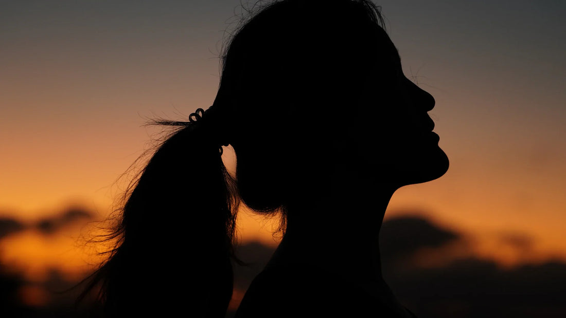 An adult woman silhouetted against the evening sky.