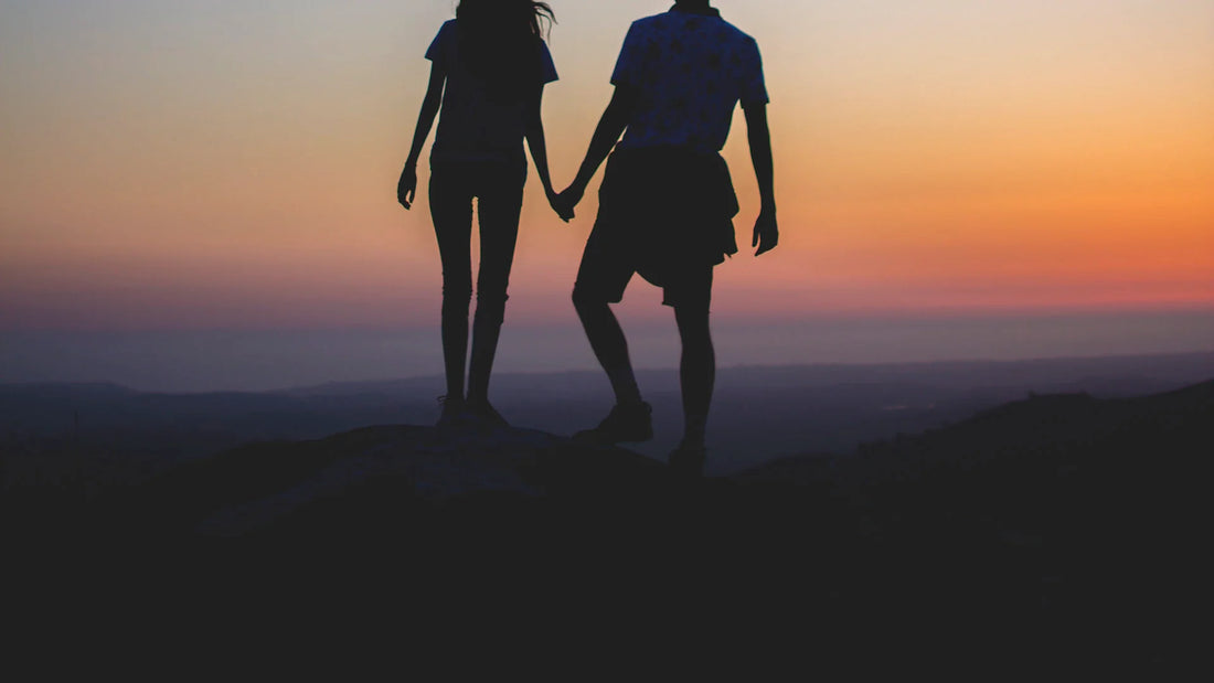 An adult couple silhouetted against a sunset.