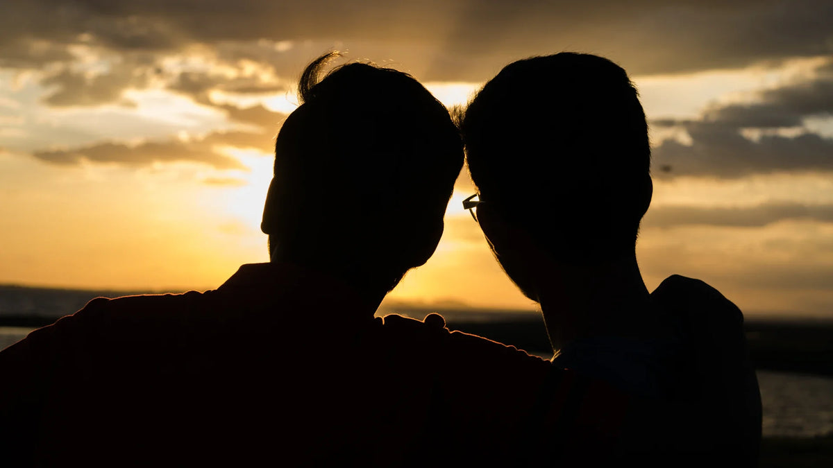 Two adults viewed from behind stand outdoors at sunset.