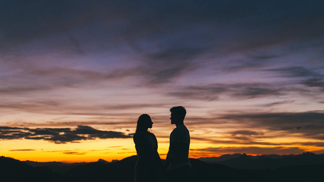 Adult companions silhouetted together outdoors.