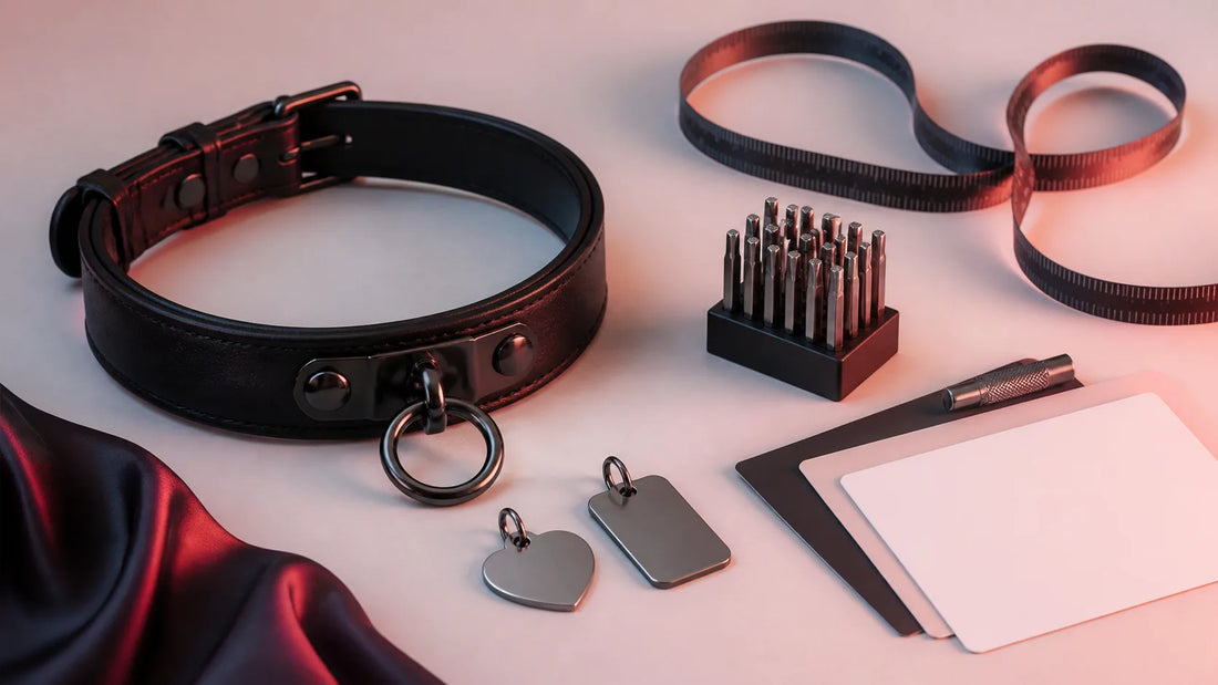Open black adult fashion collar with blank metal tags, stamping tools, measuring tape and blank proof cards