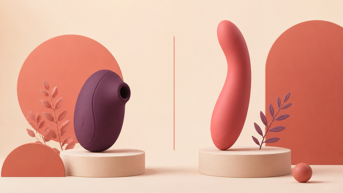 Two unbranded abstract wellness-device silhouettes displayed side by side in coral and plum tones to represent external and insertable product categories.