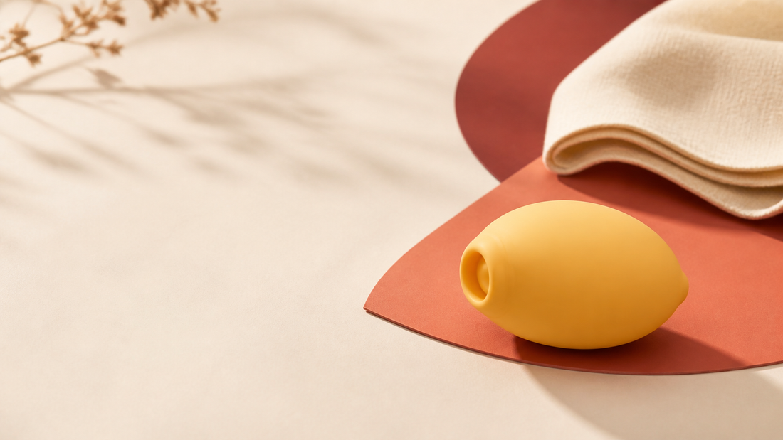 Unbranded abstract lemon-shaped wellness device on a cream tabletop with coral and burgundy paper shapes.