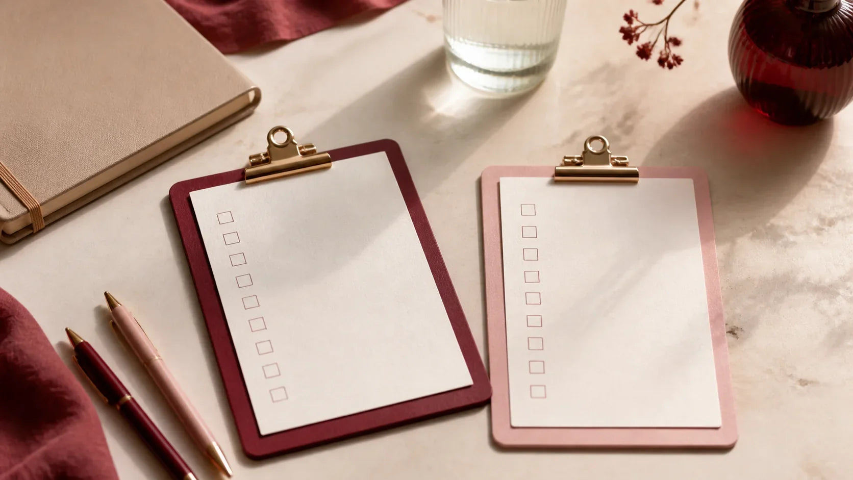 Two blank checklist cards, pens and a closed notebook arranged on a warm neutral table