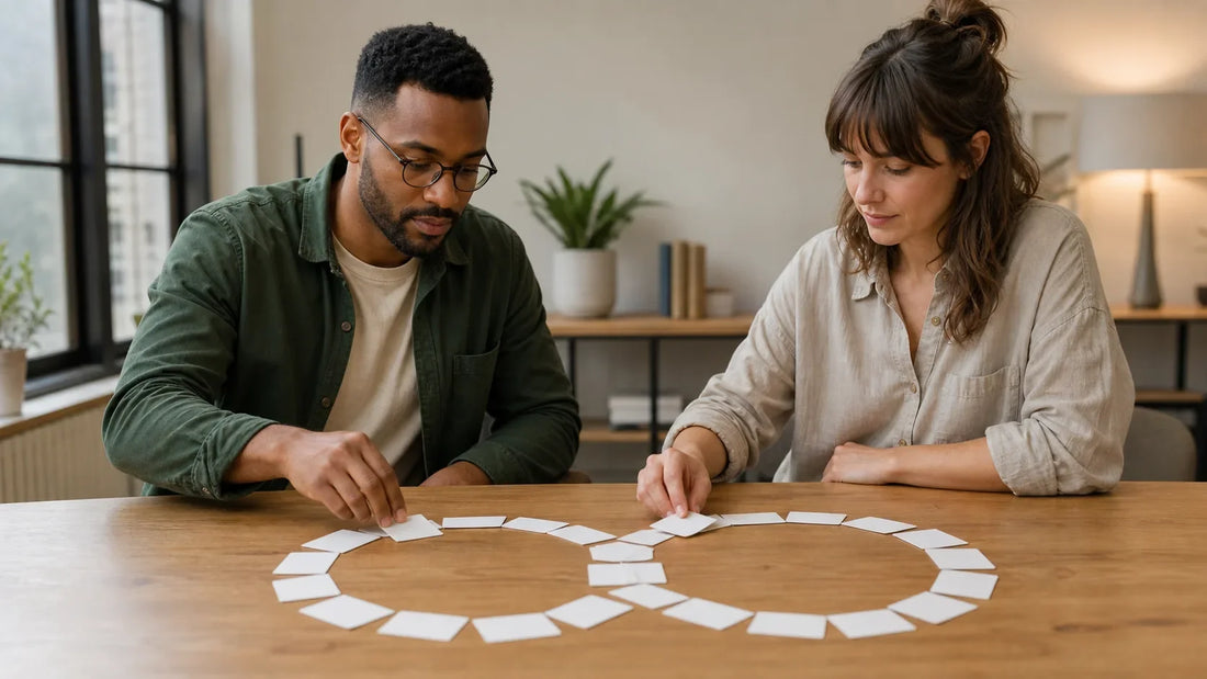 Two fully clothed adults arranging blank cards into overlapping circles while comparing kink and fetish concepts