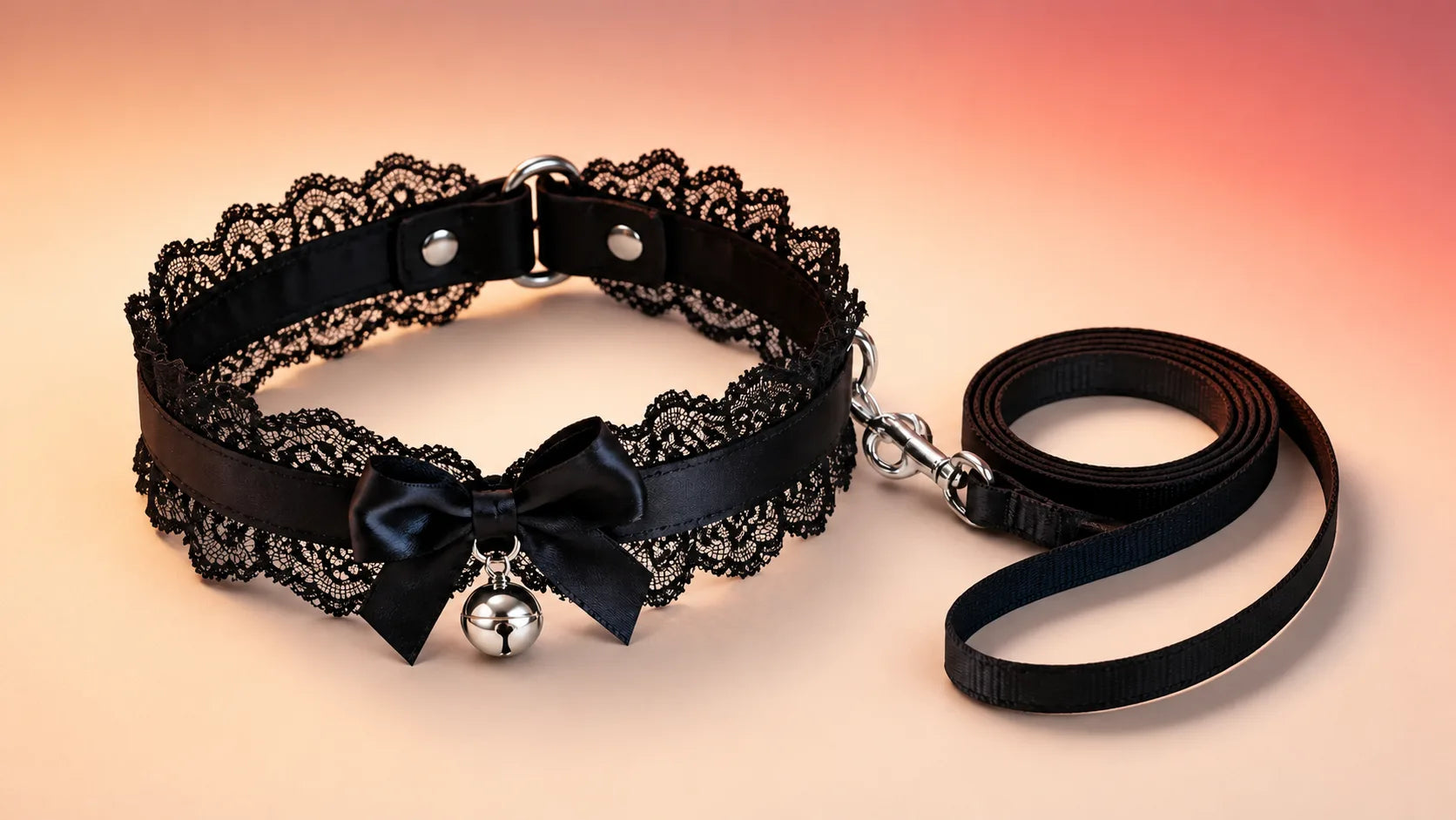 Black lace-trim adult fashion collar with a bow, silver bell and detachable leash on a neutral studio surface