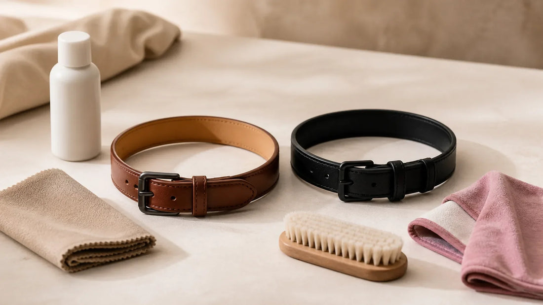 Brown leather and black leather-look adult fashion collars with soft cloths and a care brush