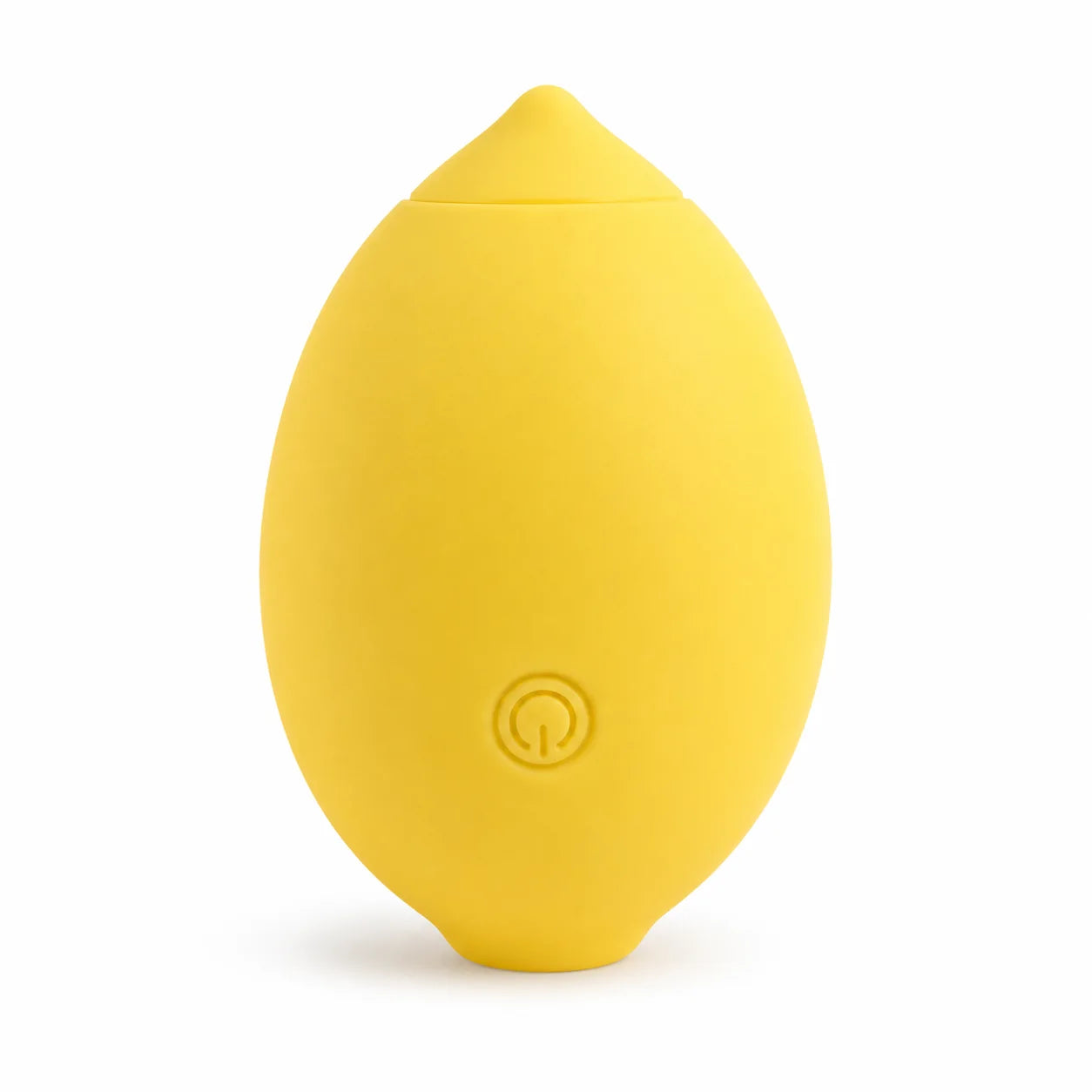 Yellow lemon-shaped external personal massager photographed on a white background