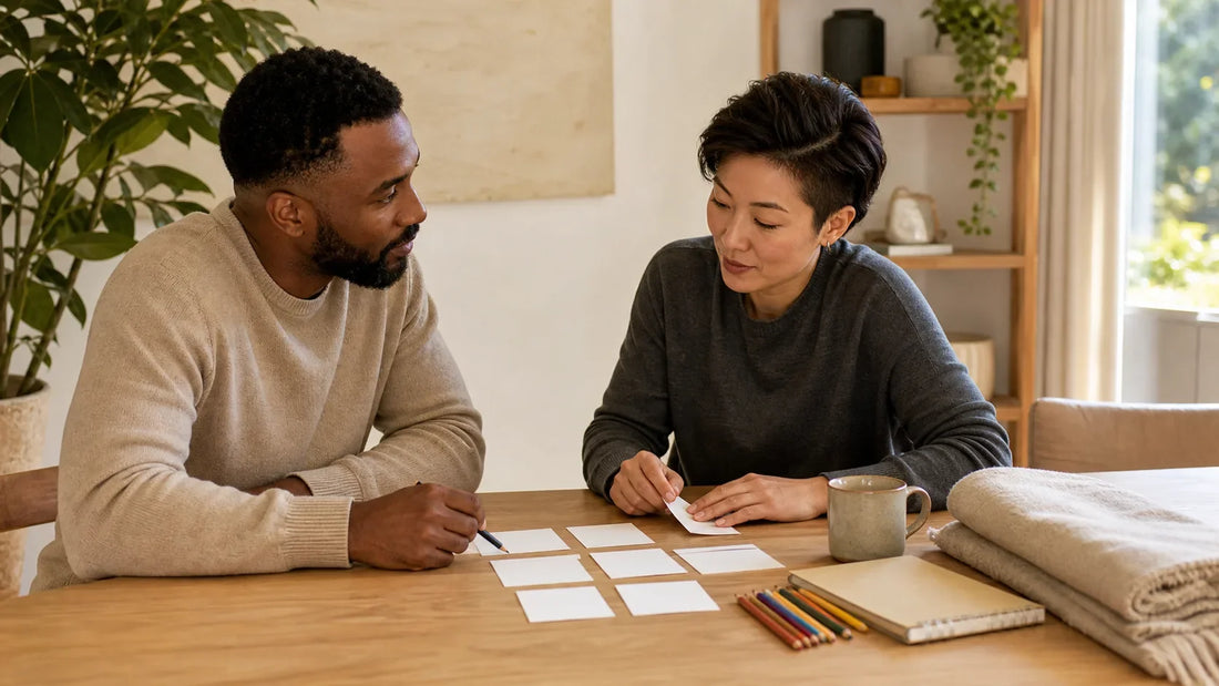 Two fully clothed adults arranging blank boundary cards at a calm table