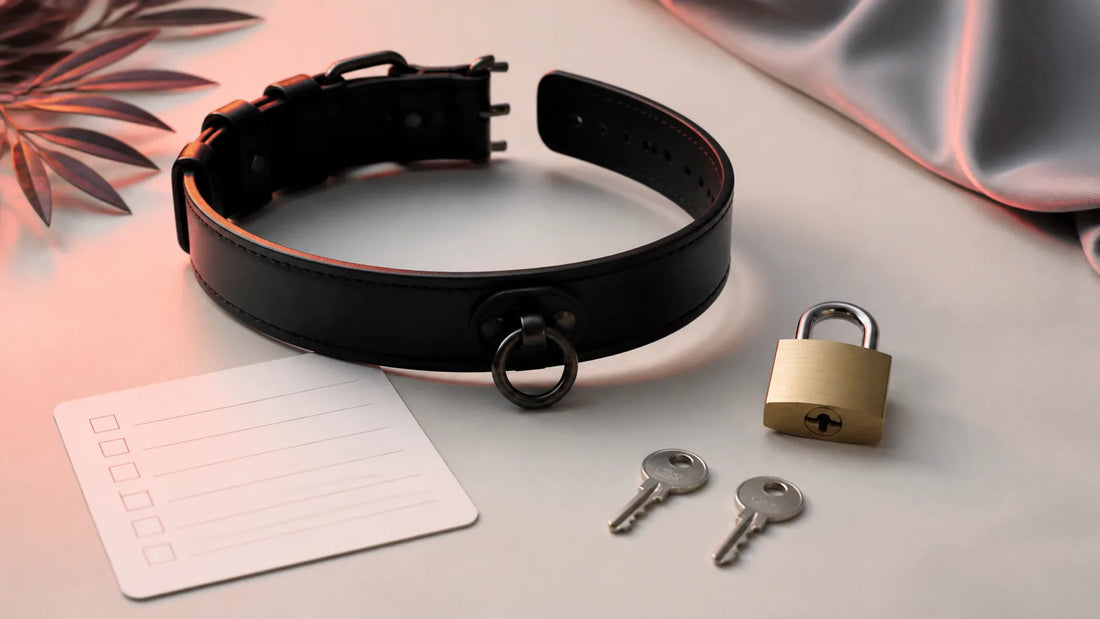 Open black adult fashion collar beside a separate padlock, two keys and a blank inspection card