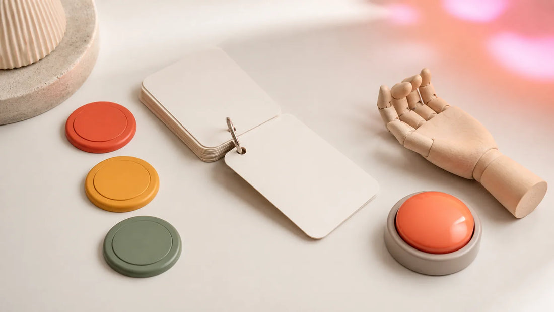 Blank communication cards, colored tactile tokens, an accessible button and a wooden hand model on a neutral surface