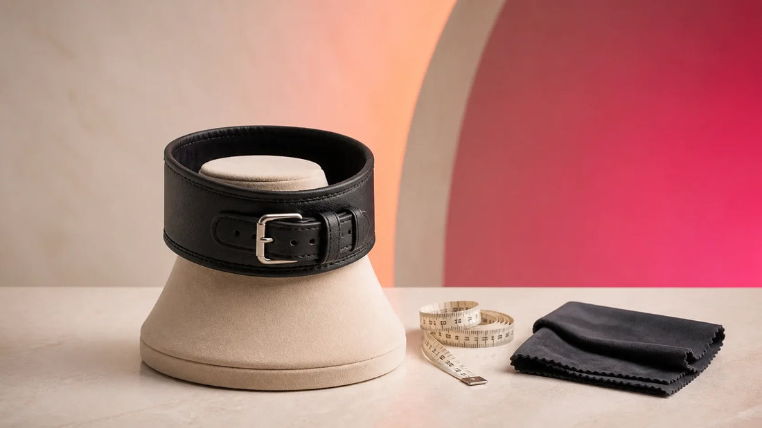 Tall black adult fashion collar on a neutral display beside a measuring tape and soft care cloth