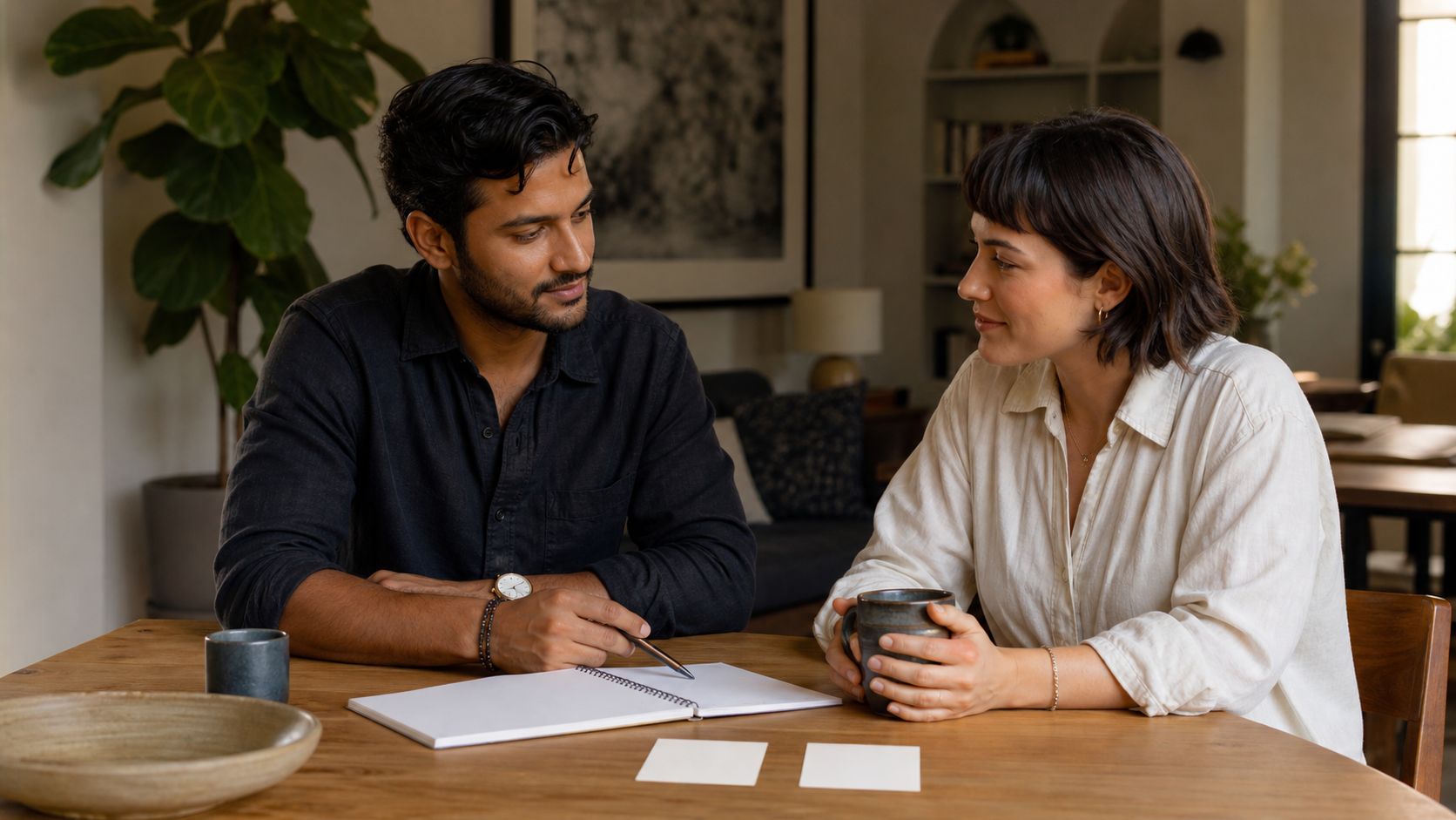 Two fully clothed adults calmly reviewing a boundary notebook and blank role cards together