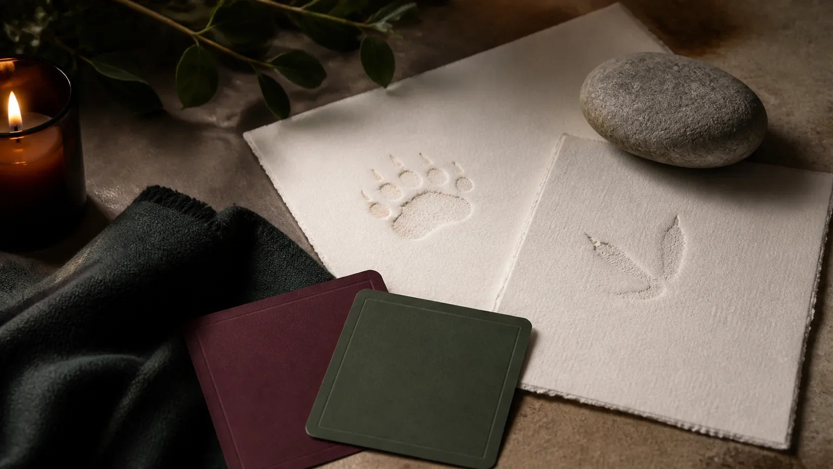 Natural stone, folded dark fabric and two abstract animal-track impressions beside blank consent cards