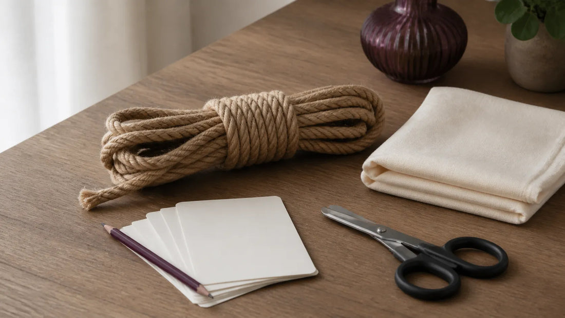 Coiled natural-fiber rope, closed safety shears and blank planning cards on a wooden table