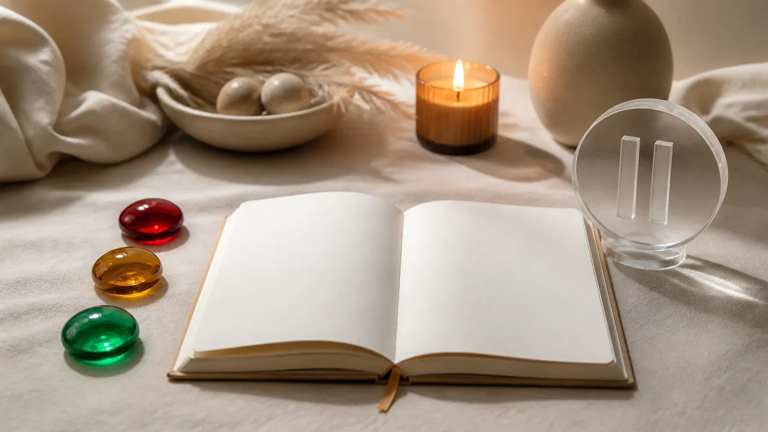 Red amber and green abstract tokens beside an open consent notebook and a clear pause card without readable text