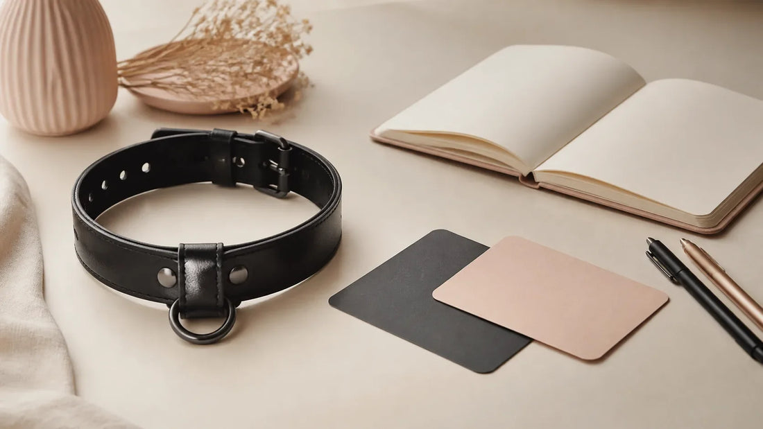 Open adjustable black adult fashion collar beside blank boundary cards, pens and an open blank notebook on a warm neutral desk