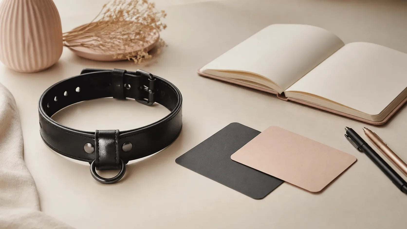 Open adjustable black adult fashion collar beside blank boundary cards, pens and an open blank notebook on a warm neutral desk