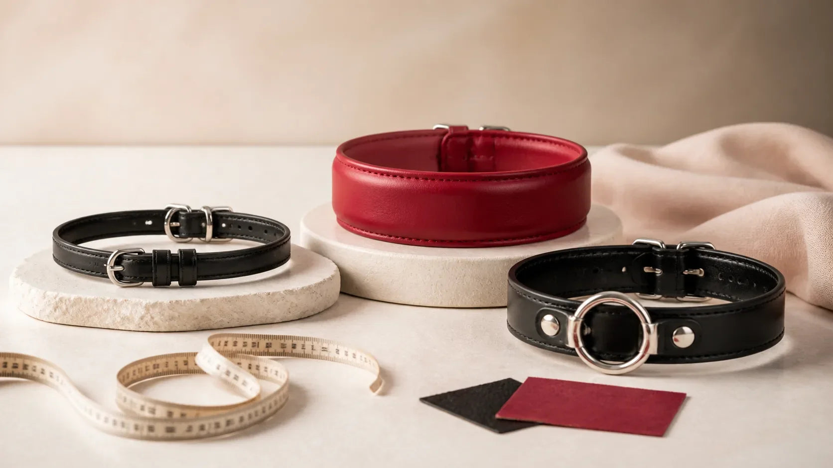 Three adult fashion collars with different widths and hardware beside material swatches and a measuring tape